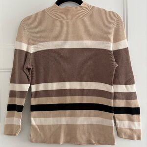 Northern Reflections Striped Ribbed Mock Neck Sweater in Beige, Brown & Black